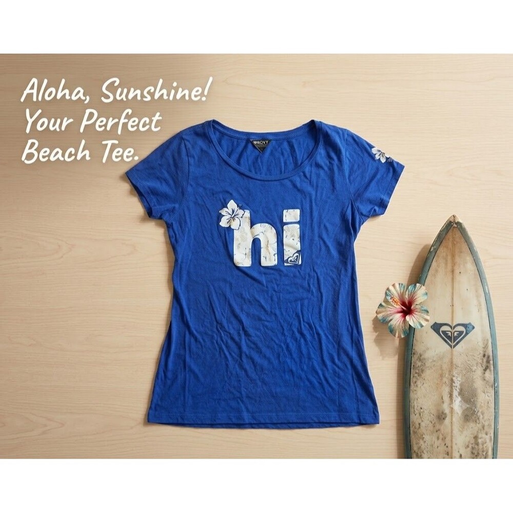 Roxy Hi Hawaii Graphic Tee Womens XL Blue Short Sleeve Scoop Neck Casual